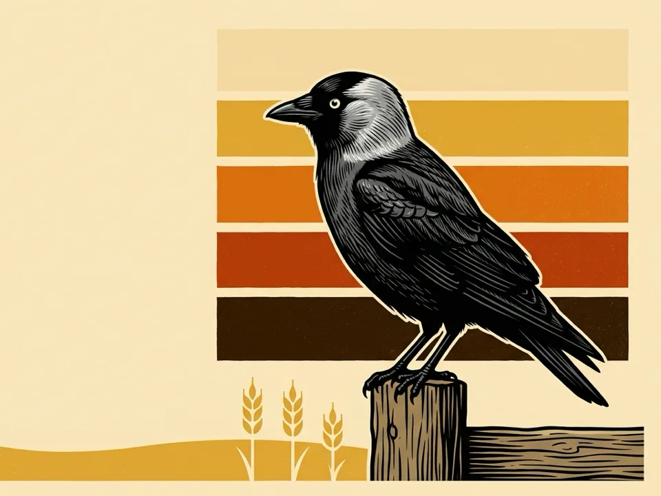 A screen-printed jackdaw in profile on a fence post, in front of five bands of sunset colour, with wheat and an open gold field below.