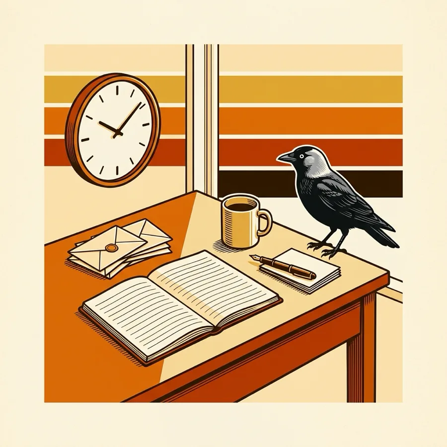 A screen-printed writing desk by a window: an open notebook, a stack of sealed envelopes, a mug and a fountain pen, with a jackdaw perched on the corner and a round clock on the wall.