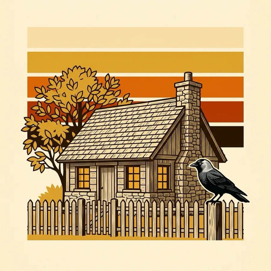 A screen-printed stone and timber cottage with two lit windows and a stone chimney, a gold-leaved tree beside it and a jackdaw sitting on the picket fence.