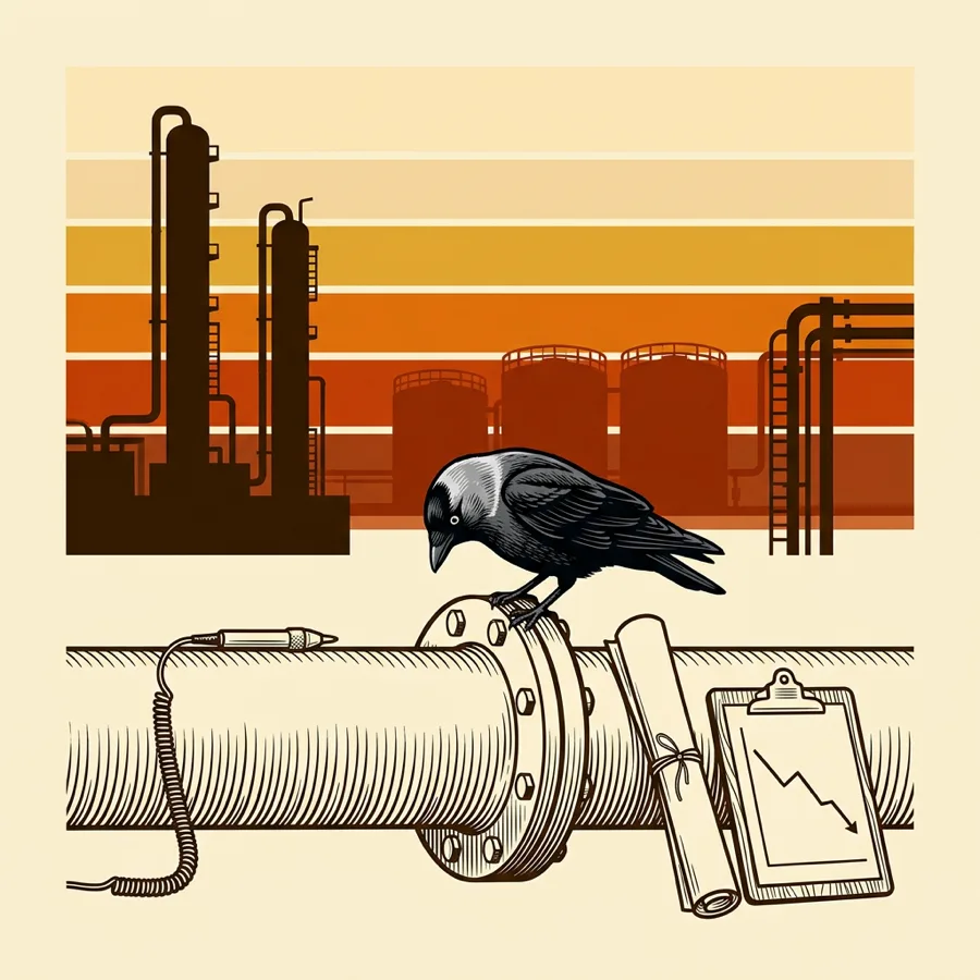 A screen-printed refinery at dusk, with distillation columns, tanks and pipe racks against bands of sunset colour. In front, a jackdaw stands on the flange of a large pipe beside a thickness probe, a rolled drawing and a clipboard with a falling line chart.